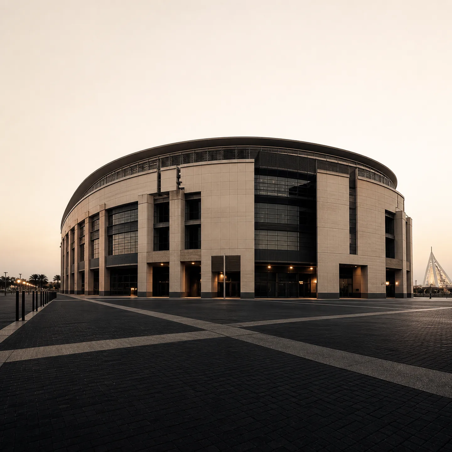 Honda Center's oval facade across an empty forecourt at dusk, with ARTIC in the distance.