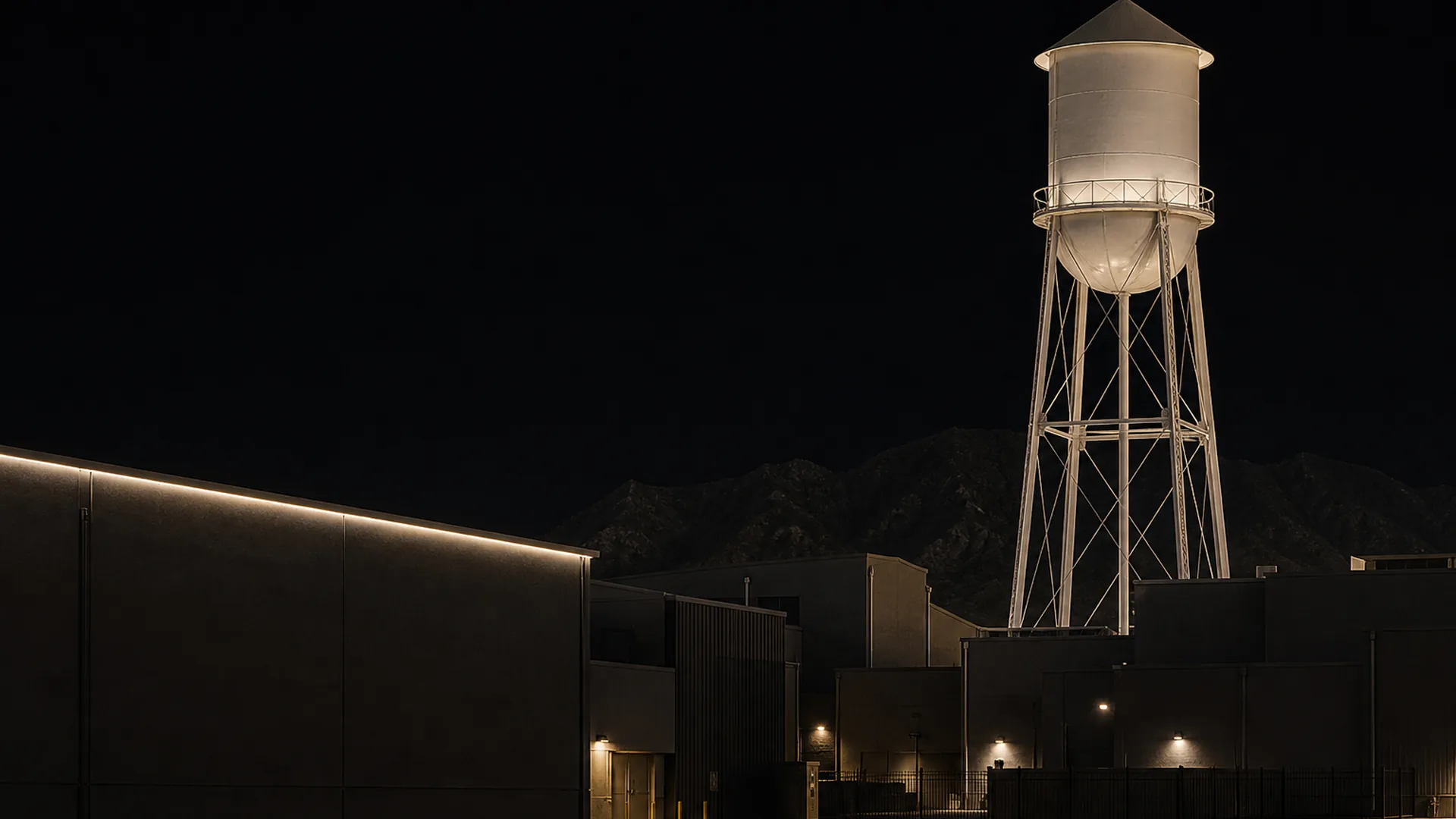 A studio water tower rises above Burbank soundstages at blue hour.