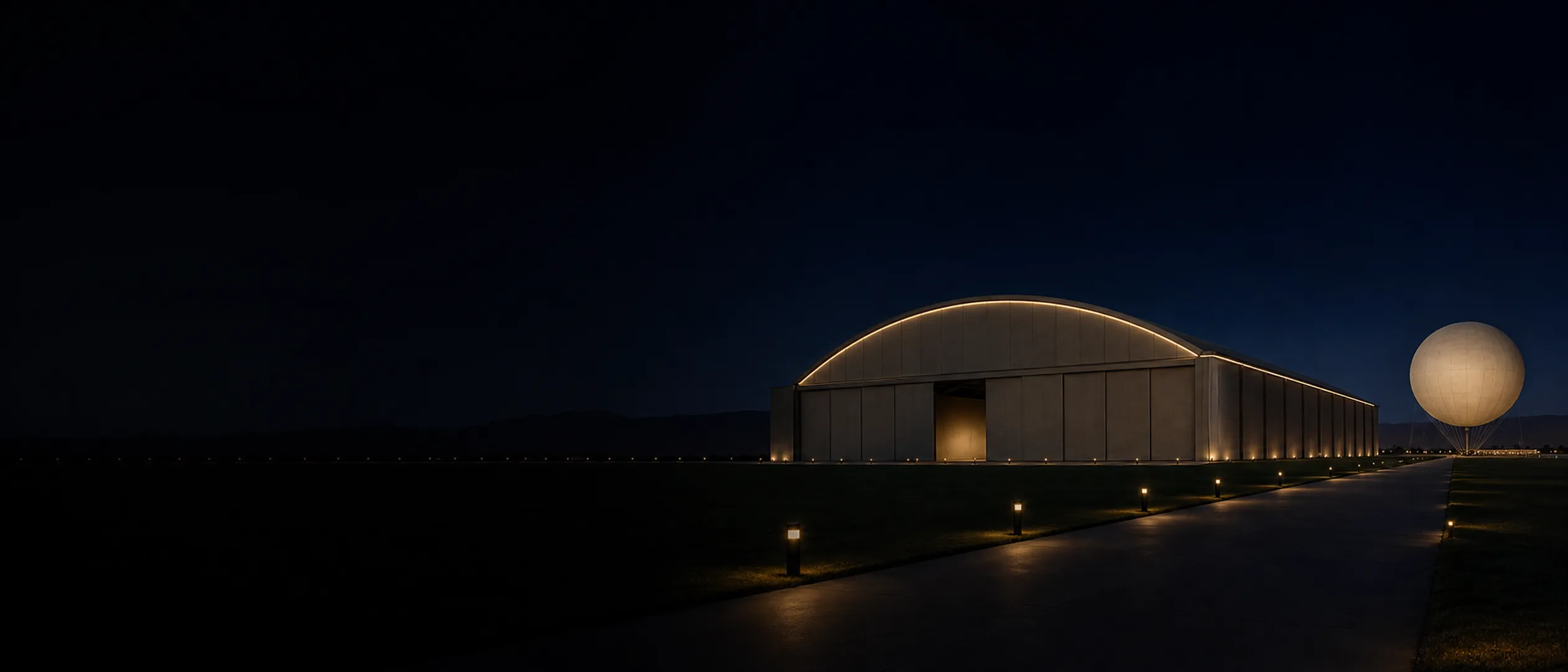 Hangar 244 and the tethered Great Park Balloon stand across an open Irvine landscape at blue hour.