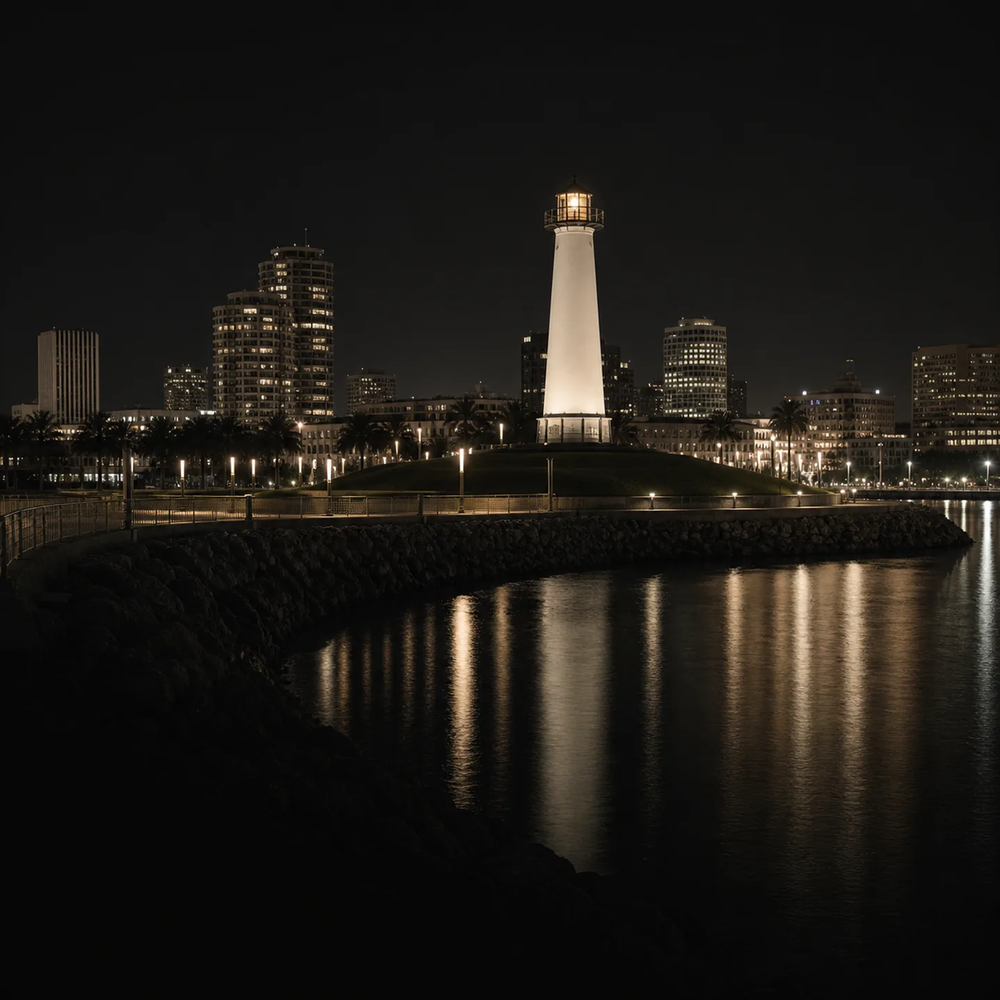 Rainbow Harbor and Lions Lighthouse on the Long Beach waterfront at blue hour.