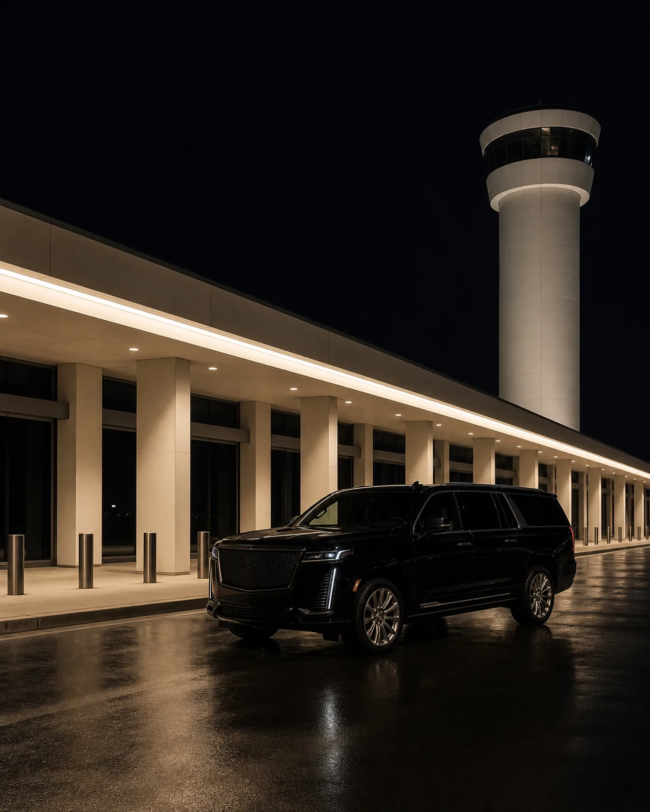 A black SUV waits beneath the terminal canopy at Ontario International Airport, with the control tower behind it at night.