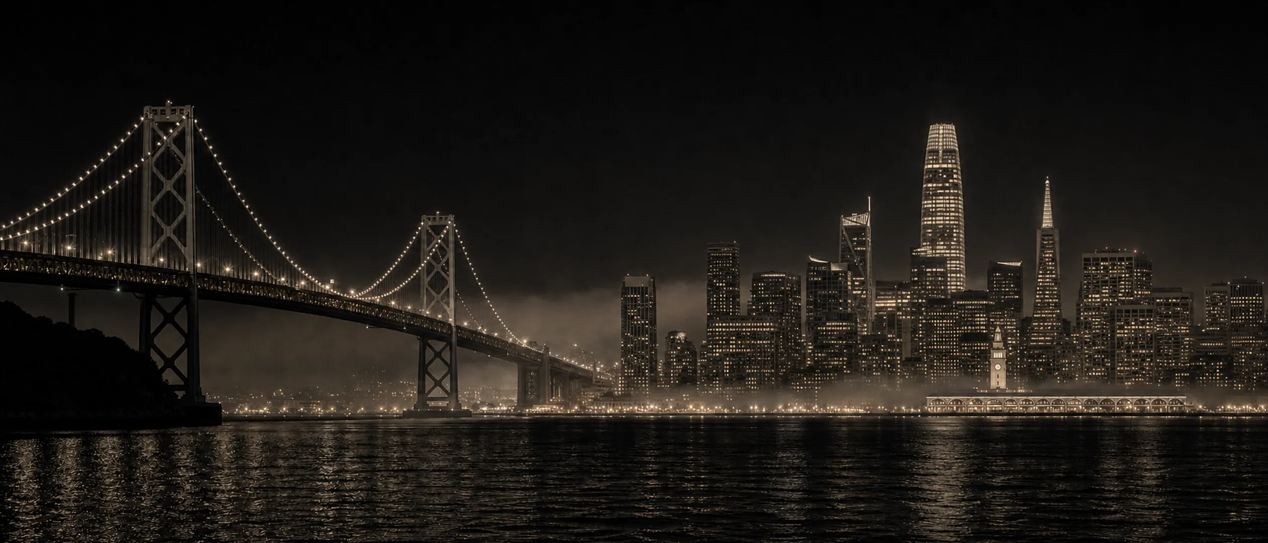 The San Francisco-Oakland Bay Bridge and downtown skyline lit up at night, seen across the bay.