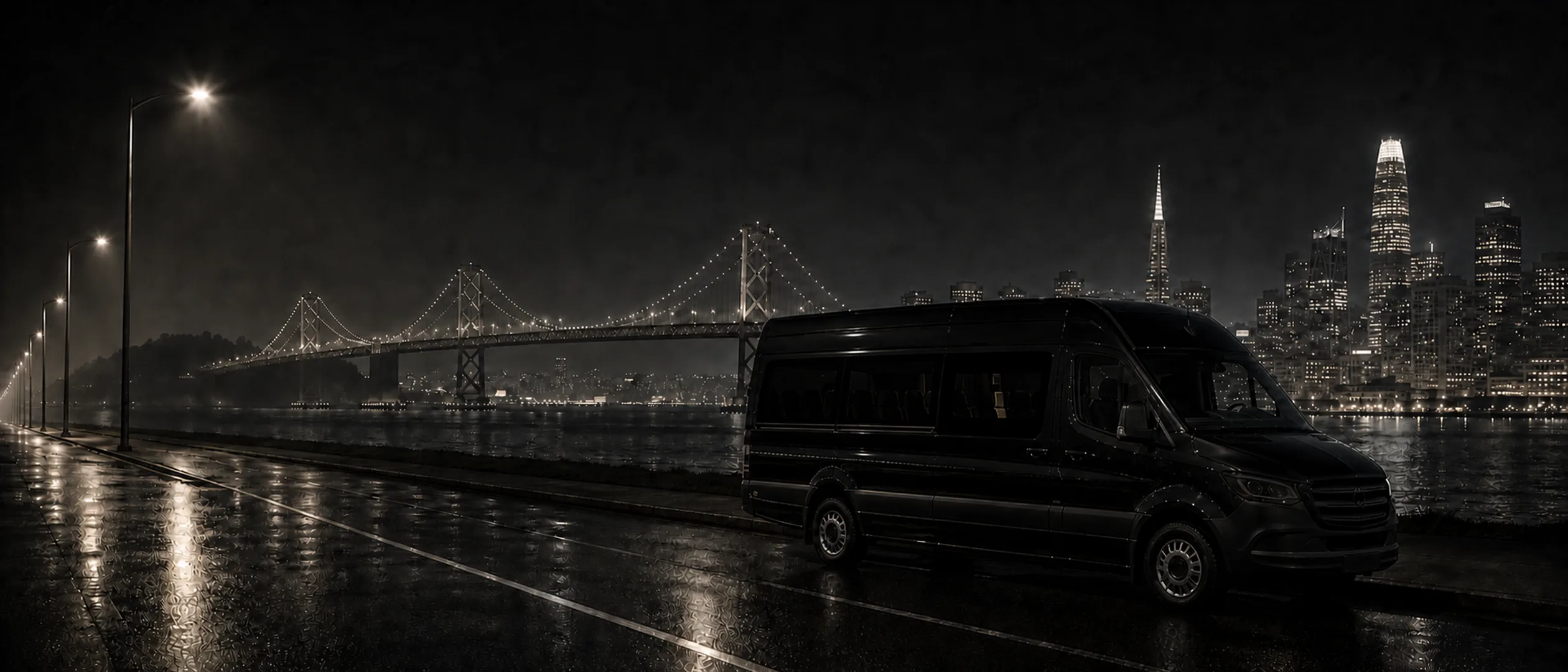 A black Mercedes-Benz Sprinter van on a waterfront road at night with the Bay Bridge and San Francisco skyline behind it.
