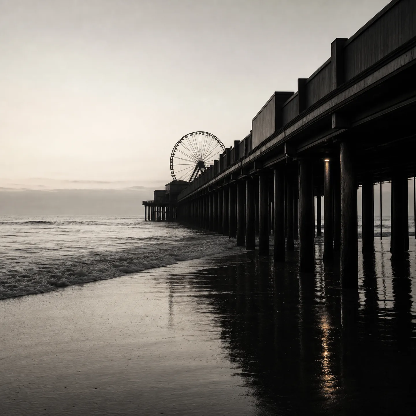 The Santa Monica Pier's timber pilings and Pacific Wheel frame the shoreline before dawn.