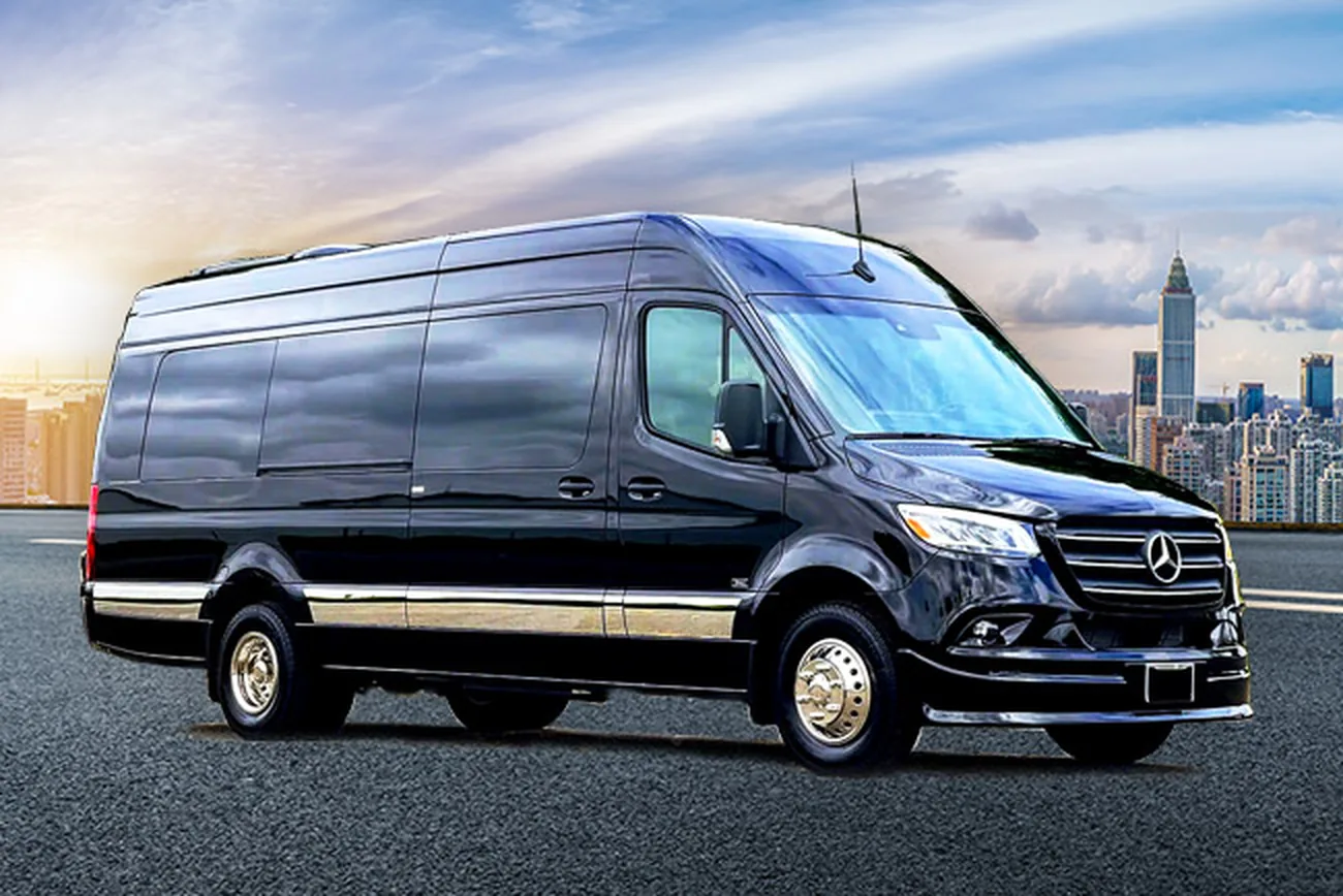 A black Mercedes-Benz Sprinter executive passenger van parked on a paved overlook with a city skyline behind it.