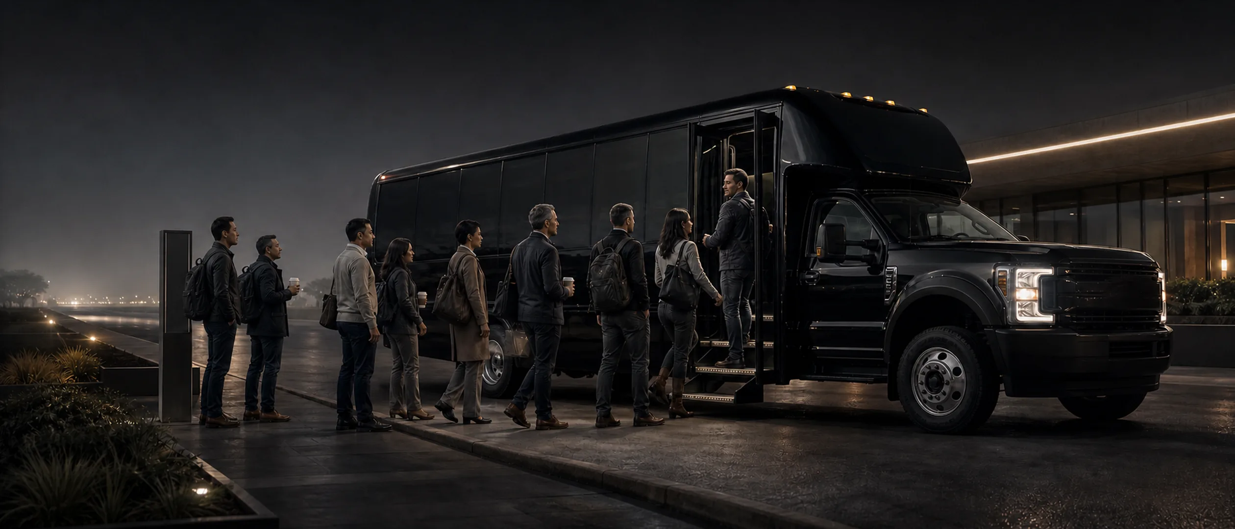 Commuters carrying bags and coffee cups line up to board a black Ford F-550 shuttle bus at a lit entrance after dark.