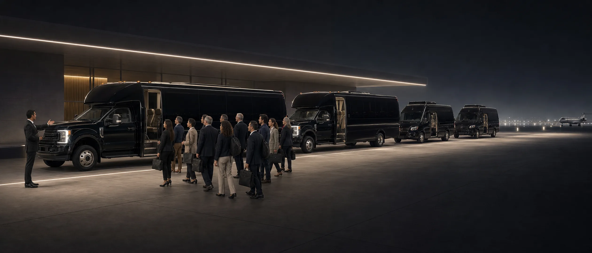 An attendant guides travelers with bags across a floodlit tarmac toward two mini-coaches and two Sprinter vans, a jet visible at night.